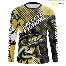 Load image into Gallery viewer, Personalized Walleye Fishing Shirts Long Sleeve, Yellow Camo Walleye Fishing Shirts NHT483
