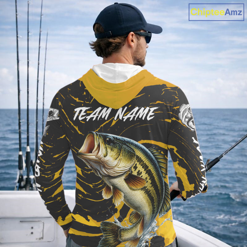Custom Largemouth Bass Fishing Shirts Long Sleeve Hooded – Performance Tournament Jersey For Men| Yellow NHT770