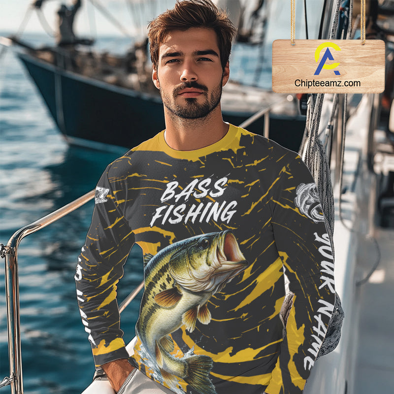 Custom Largemouth Bass Fishing Shirts Long Sleeve – Performance Tournament Jersey For Men| Yellow NHT770
