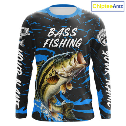 Custom Largemouth Bass Fishing Shirts Long Sleeve – Performance Tournament Jersey For Men| Blue NHT771