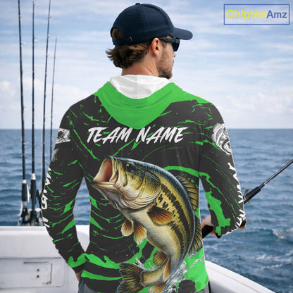 Custom Largemouth Bass Fishing Shirts Long Sleeve Hooded – Performance Tournament Jersey For Men| Green NHT772