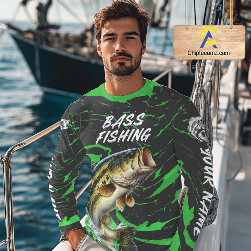 Custom Largemouth Bass Fishing Shirts Long Sleeve – Performance Tournament Jersey For Men| Green NHT772