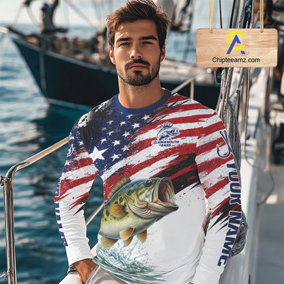 Personalized Patriotic Bass Fishing Shirts Long Sleeve, American Flag Fishing Jerseys For Men NHT773