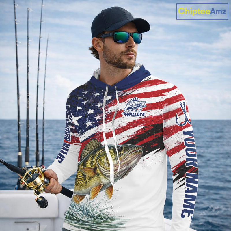 Personalized Patriotic Walleye Fishing Shirts Long Sleeve Hooded , American Flag Fishing Jerseys For Men NHT774