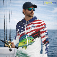 Load image into Gallery viewer, Personalized Patriotic Mahi Mahi( Dorado) Fishing Shirts Long Sleeve Hooded, American Flag Fishing Jerseys For Men NHT775