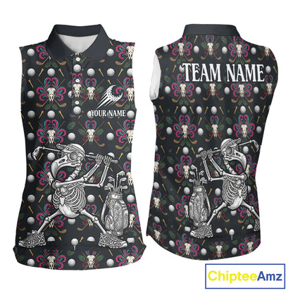 Dark Skull Sleeveless Womens Golf Polo Shirt – Gothic Skeleton Flamingo Pattern Funny Golf Shirt For Women NHT781
