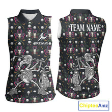 Load image into Gallery viewer, Dark Skull Sleeveless Womens Golf Polo Shirt – Gothic Skeleton Flamingo Pattern Funny Golf Shirt For Women NHT781