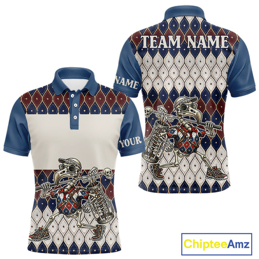 Custom Blue Red Argyle Mens Golf Polo Shirt Skull Flamingo Design, Personalized Team Name Shirt NHT794