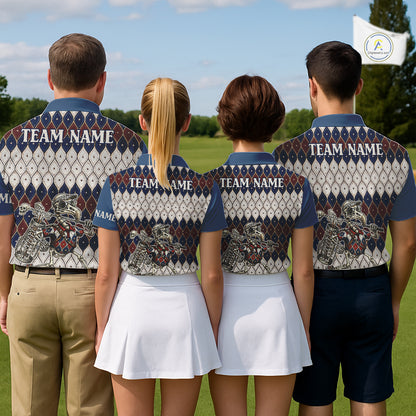 Custom Blue Red Argyle Womens Golf Polo Shirt Skull Flamingo Design, Personalized Team Name Shirt NHT794