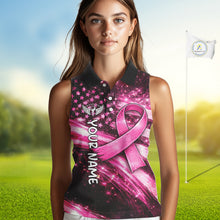 Load image into Gallery viewer, Personalized Breast Cancer Awareness Sleeveless Women Polo Shirt American Flag Pink Ribbon – Golf Gift For Women NHT799