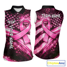 Load image into Gallery viewer, Personalized Breast Cancer Awareness Sleeveless Women Polo Shirt American Flag Pink Ribbon – Golf Gift For Women NHT799