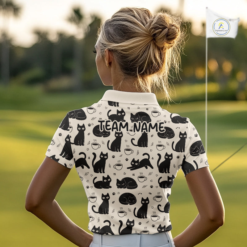 Personalized Black Cat Lover Golf Polo Shirt – Custom Name Cute Cat Pattern Shirt For Women NHT801
