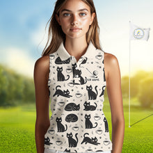 Load image into Gallery viewer, Personalized Black Cat Lover Sleeveless Women Golf Polo Shirt – Custom Name Cute Cat Pattern Shirt For Women NHT801
