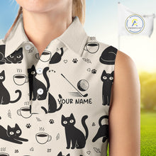 Load image into Gallery viewer, Personalized Black Cat Lover Sleeveless Women Golf Polo Shirt – Custom Name Cute Cat Pattern Shirt For Women NHT801