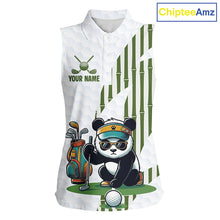 Load image into Gallery viewer, Custom Name Cool Panda Womens Sleeveless Golf Polo Shirt  Funny Bamboo Panda Golfing Apparel