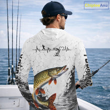 Load image into Gallery viewer, Custom Name Northern Pike Fishing Long Sleeve Hooded Performance Shirt, Pike Gift For Men 