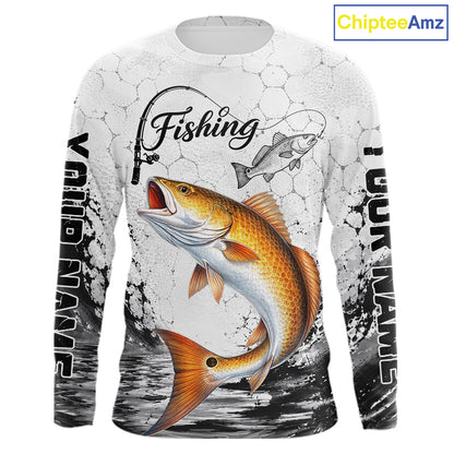 Custom Name Redfish Fishing Long Sleeve Performance Shirt, Red Drum Gift for Fisher