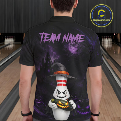 A person viewed from behind wearing a black short-sleeve polo shirt with a large Halloween bowling-themed graphic on the back. The design shows purple storm clouds, a witch hat, a white bowling pin ghost holding a jack-o'-lantern, and the text 'TEAM NAME' in purple.