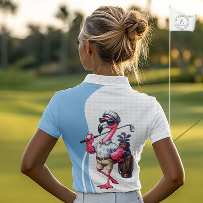 Blue Funny Flamingo Polo Shirt For Womens, Golf Polo Shirts Custom Name, Flamingo Golf Shirts NHT594