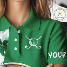 Load image into Gallery viewer, Personalized Tropical Leaf Green Golf Cart Design, Custom Flamingo Funny Womens Golf Polo Shirt  NHT596