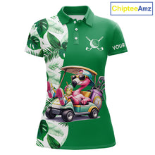 Load image into Gallery viewer, Personalized Tropical Leaf Green Golf Cart Design, Custom Flamingo Funny Womens Golf Polo Shirt  NHT596