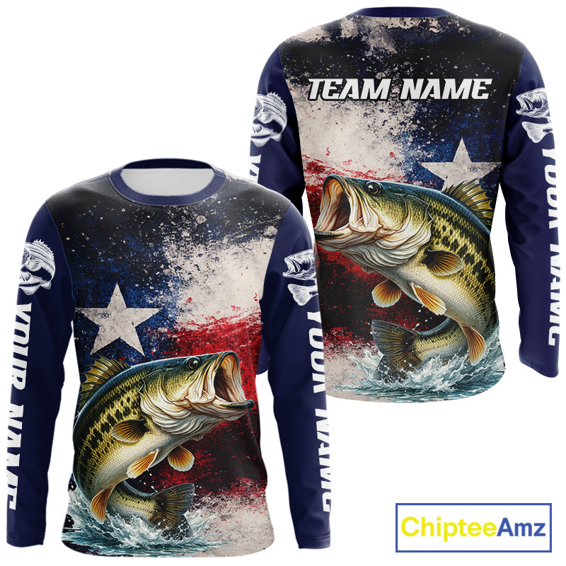 Personalized Bass Custom Texas Flag Performance Fishing Shirts, Bass Fishing Shirts Long Sleeve For Men NHT607
