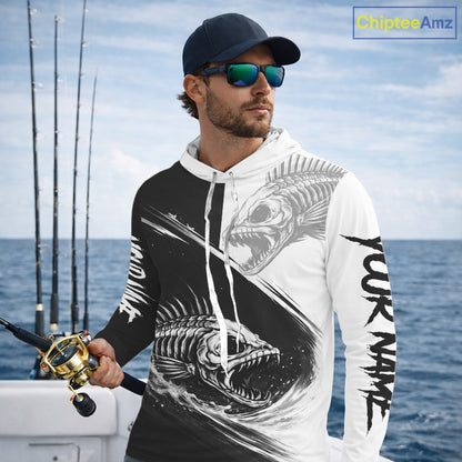 Personalized Fish Skeleton Hooded Fishing Shirts Jerseys, Fish Reaper Skull Fishing Shirts For Men NHT824