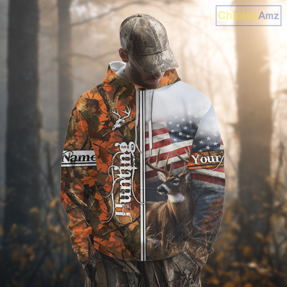 Custom Camouflage Deer Hunting With US Flag For Men, Hoodie Hunting Shirt NHT323