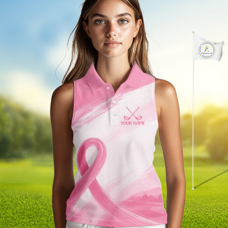Custom Women's Sleeveless Golf Polo Shirt - Breast Cancer Awareness Pink Ribbon Performance Jersey