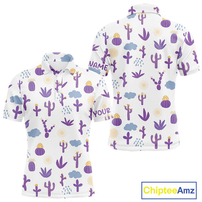 White polo shirt with purple cactus pattern on a white background