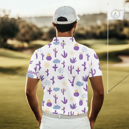 White shirt with purple cactus pattern worn by a person