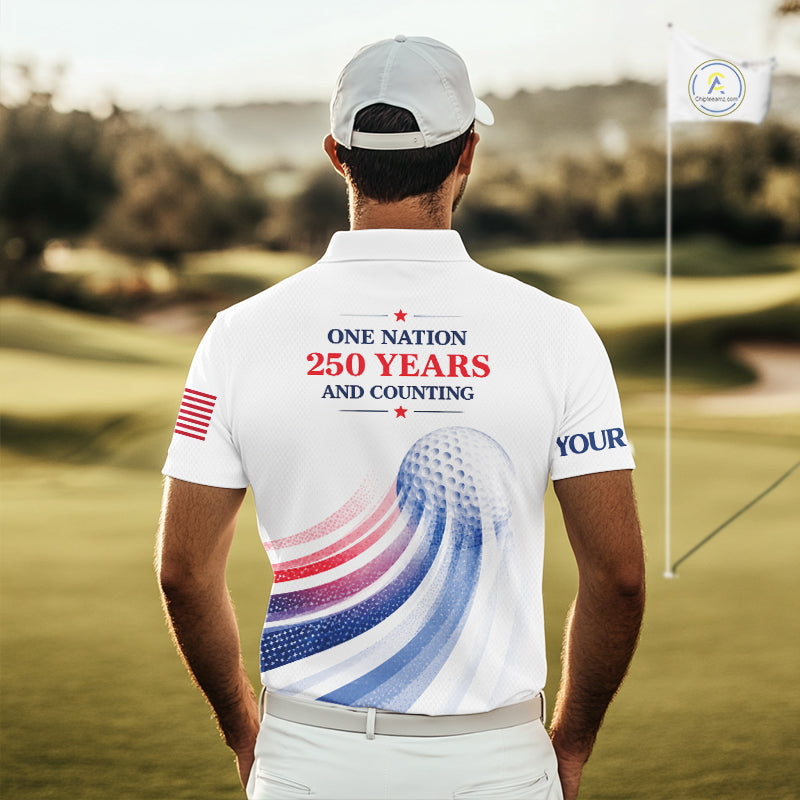 Man on a golf course wearing a white polo shirt with a patriotic design and text.