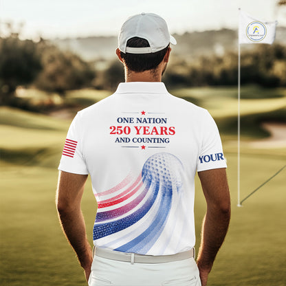 Man on a golf course wearing a white polo shirt with a patriotic design and text.