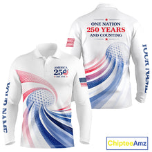 Load image into Gallery viewer, White long-sleeve polo shirt with red, white, and blue design celebrating America's 250th anniversary.
