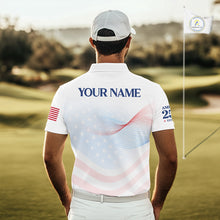 Load image into Gallery viewer, Man on a golf course wearing a white polo shirt with 'Your Name' printed on the back.