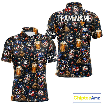 Personalized Patriotic Raccoon Shirt Custom Name USA 250 Years Polo Funny Beer & Golf Lover Gift