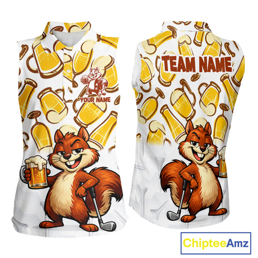 Custom Funny Squirrel Women's Sleeveless Golf Polo Shirts - Personalized Beer Lover Performance Jersey