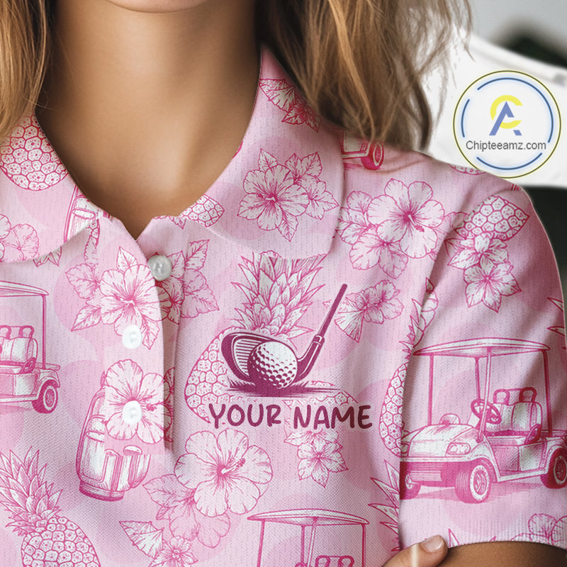 Funny Womens Golf Polo Shirt Pineapple Floral Golf Cart Pattern All Over Print Tropical Performance Top NHT842