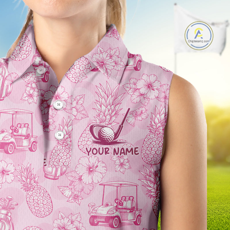 Funny Sleeveless Womens Golf Polo Shirt Pineapple Floral Golf Cart Pattern All Over Print Tropical Performance Top NHT842