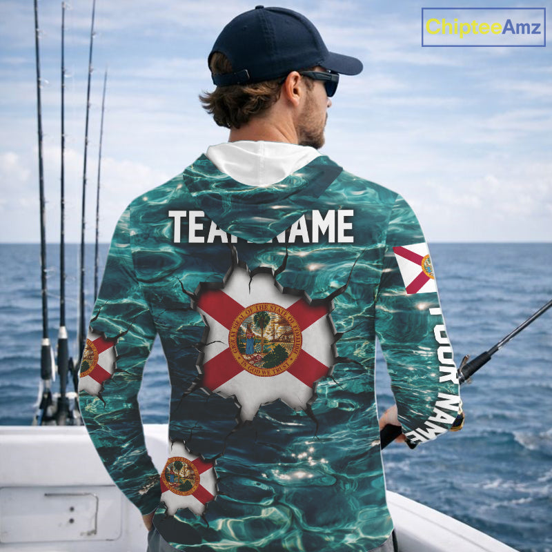 Florida Flag Fish Water Camo Custom Long Sleeve Hooded Fishing Shirts, Performance Fishing Shirts For Men NHT847