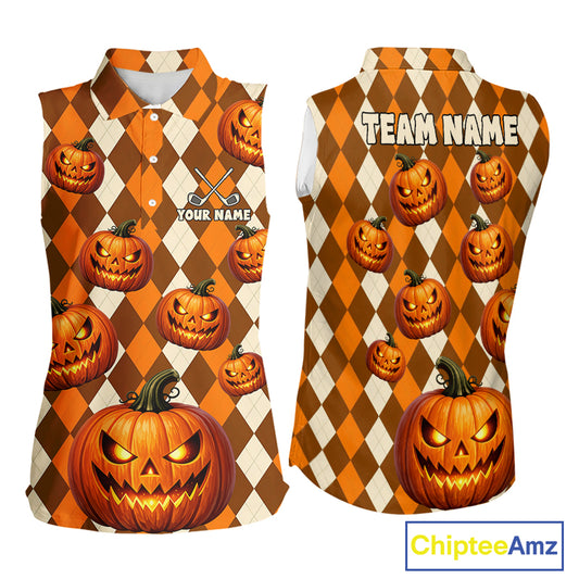 Front and back views of a sleeveless collared polo shirt with an all-over Halloween theme. The design features a brown and cream harlequin diamond pattern overlaid with orange jack-o'-lantern pumpkins, with 'YOUR NAME' and 'TEAM NAME' printed on the chest and back respectively.