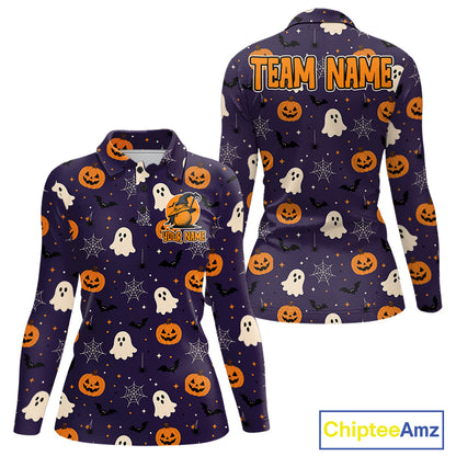 A women's long-sleeve quarter-zip fleece shown from both front and back on a white background. The fleece features a dark purple base with an all-over Halloween print of orange jack-o'-lanterns, white ghosts, black bats, and spiderwebs, plus customizable 'TEAM NAME' text on the back.