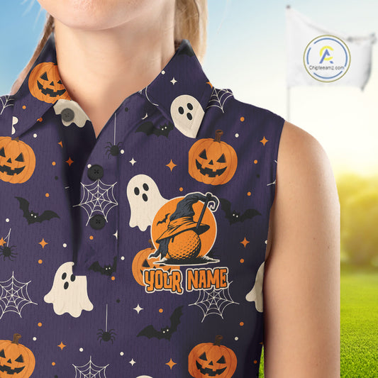 A sleeveless collared top with a Halloween print, featuring orange pumpkins, white ghosts, black bats, and spiderwebs on a dark navy background. The shirt has a custom name placeholder 'YOUR NAME' printed on the front.