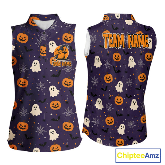 Front and back views of a sleeveless women's collared shirt with a Halloween print on a white background. The shirt features orange jack-o'-lanterns, white ghosts, black bats, and spiderwebs on a dark purple base.