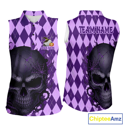 Front and back views of a sleeveless collared shirt with a purple and lavender harlequin pattern, large black skull graphics, and 'TEAM NAME' printed on the back. A small custom logo patch is shown on the front chest area.