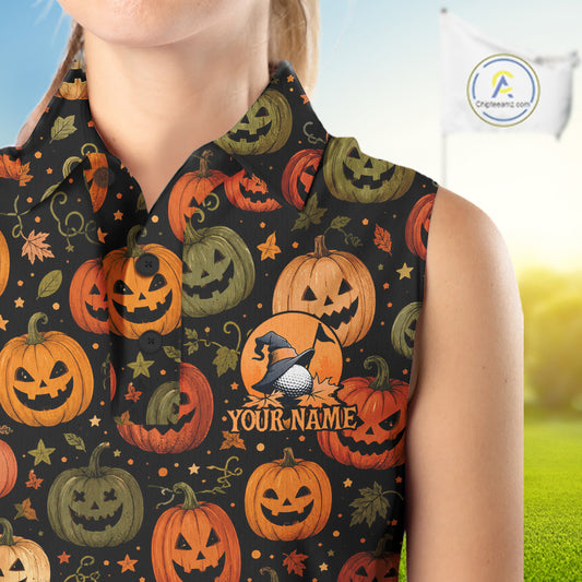 A sleeveless collared shirt with a black background and a repeating Halloween print of orange and green jack-o'-lanterns, stars, and leaves. The center chest features a circular graphic with a witch's hat, a golf ball, and the text 'YOUR-NAME'.