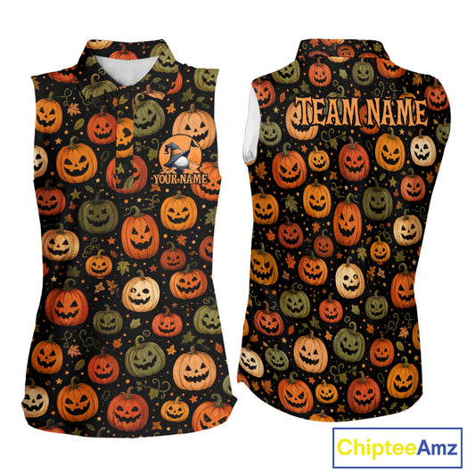 Front and back views of a sleeveless collared top with an all-over Halloween pumpkin print on a black background. The print features orange, green, and beige jack-o'-lanterns with small autumn leaves.