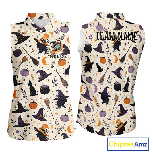 Front and back views of a sleeveless collared top with a Halloween-themed print featuring witch hats, cauldrons, broomsticks, pumpkins, cats, and stars on an off-white background. The front has placeholder text 'YOUR NAME' and 'TEAM NAME', and a 'ChipteeAmz' watermark is visible in the bottom right corner.
