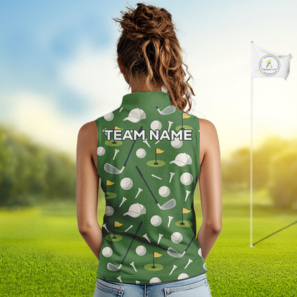 Green Golf Pattern Sleeveless Polo Golf Shirt For Womens Custom Golf Clothes, Best Golf Gifts NHT621