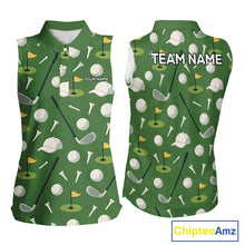 Load image into Gallery viewer, Green Golf Pattern Sleeveless Polo Golf Shirt For Womens Custom Golf Clothes, Best Golf Gifts NHT621